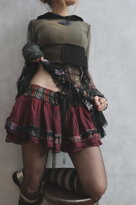 AreYouReadyToGoAllTheWayToMyHeart? (One Size) Mixed Cottons Tattered Mini Skirt