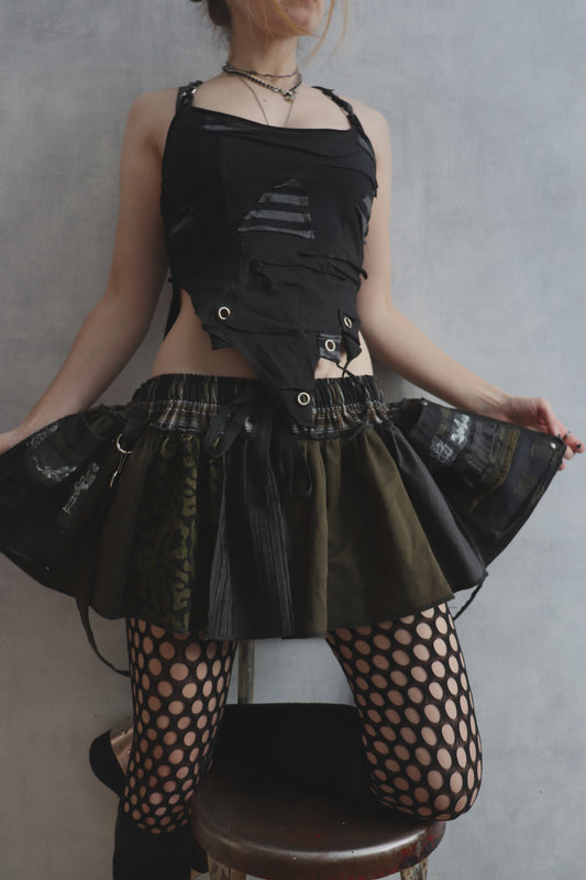 AtLeastWeFeelAlive (One Size) Cotton Plaid Patch Mini Skirt With Pockets Sexy Skeleton Mix