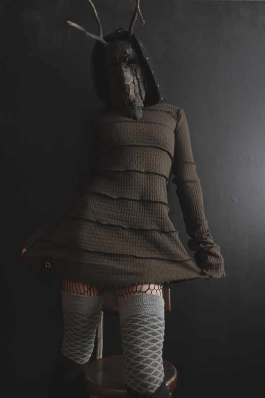 LikeIJustCantStopButICantGoOnForever (M) Hooded Long Sleeve Tatter Mini Dress
