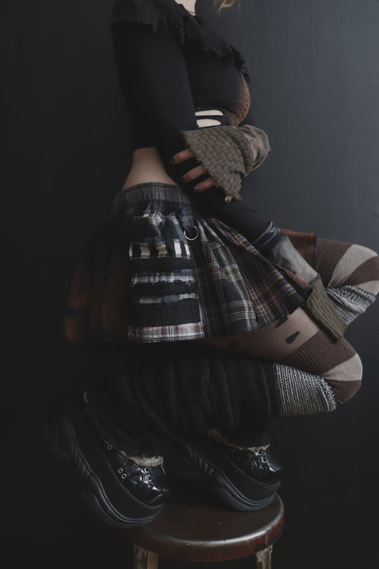 NowSheWalksThroughHerSunkenDream (One Size) Cotton Spatter Patch Mini Skirt With Pockets