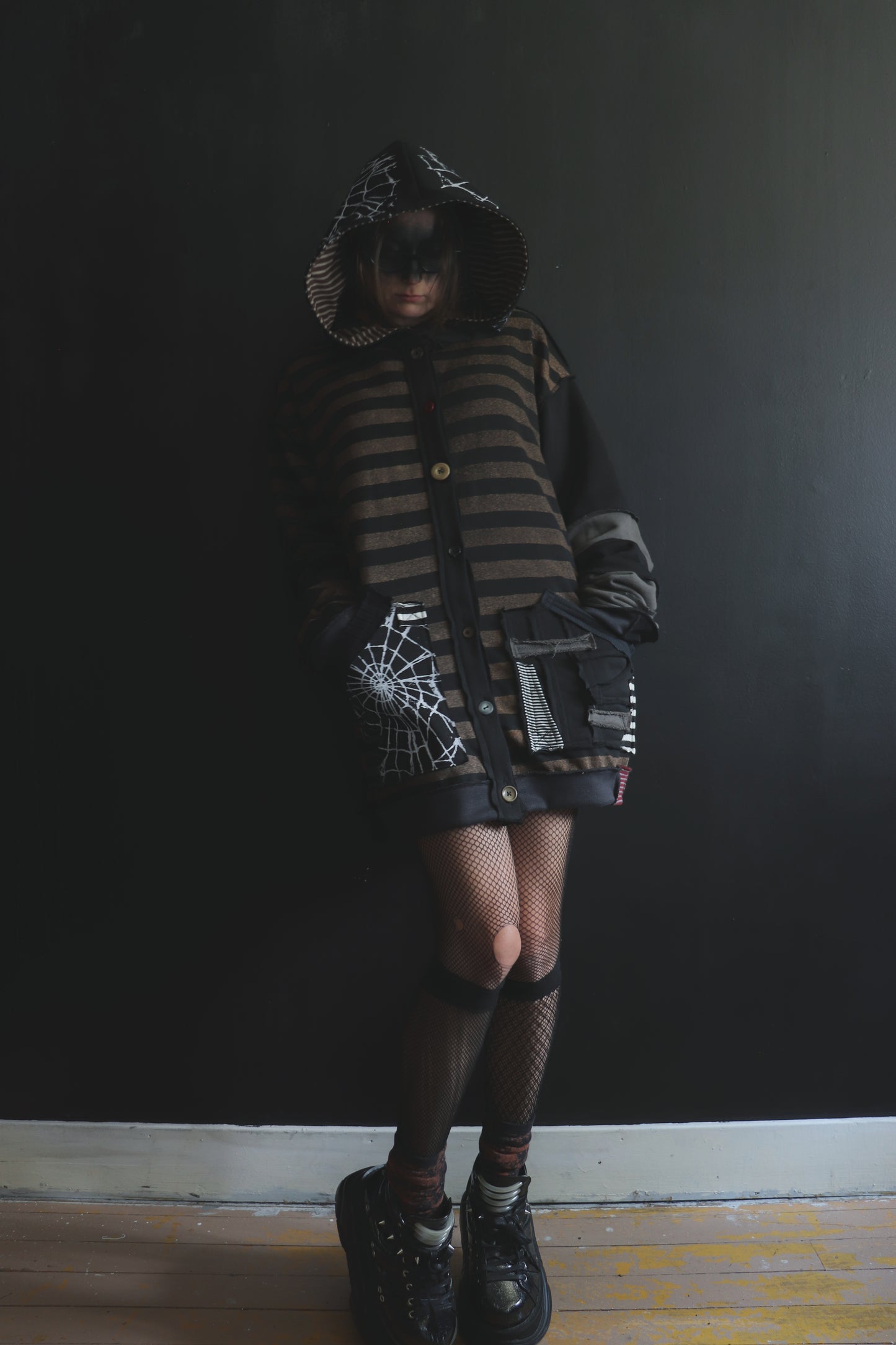 NeverThinkAboutYouAtAll (One Size) Patchwork Button Up Hoodie Stripes And Webs