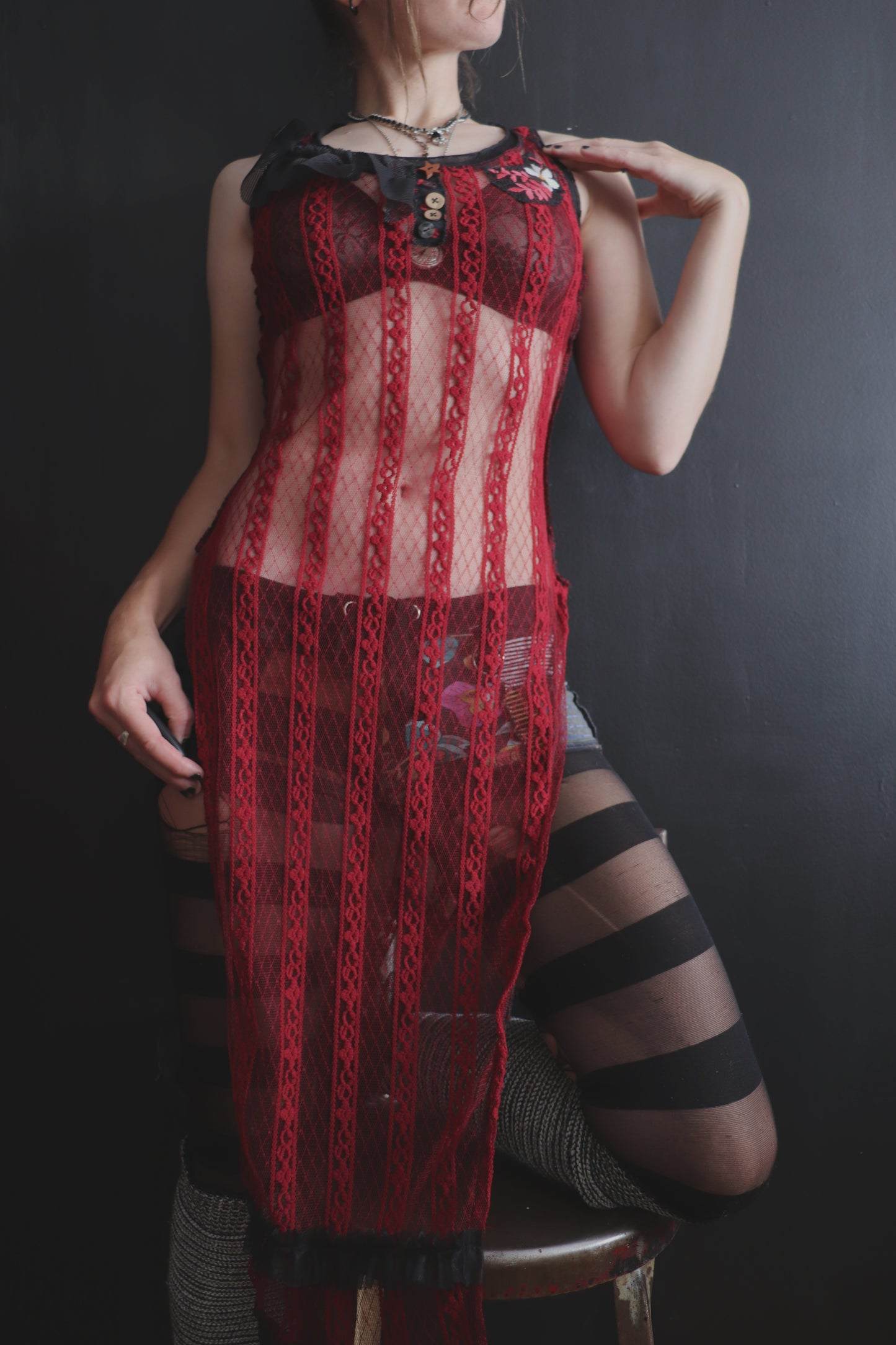 AllYourEnemiesAreThrowingOutPunches (S) Sheer Lace Racerback Tailed Tank Top
