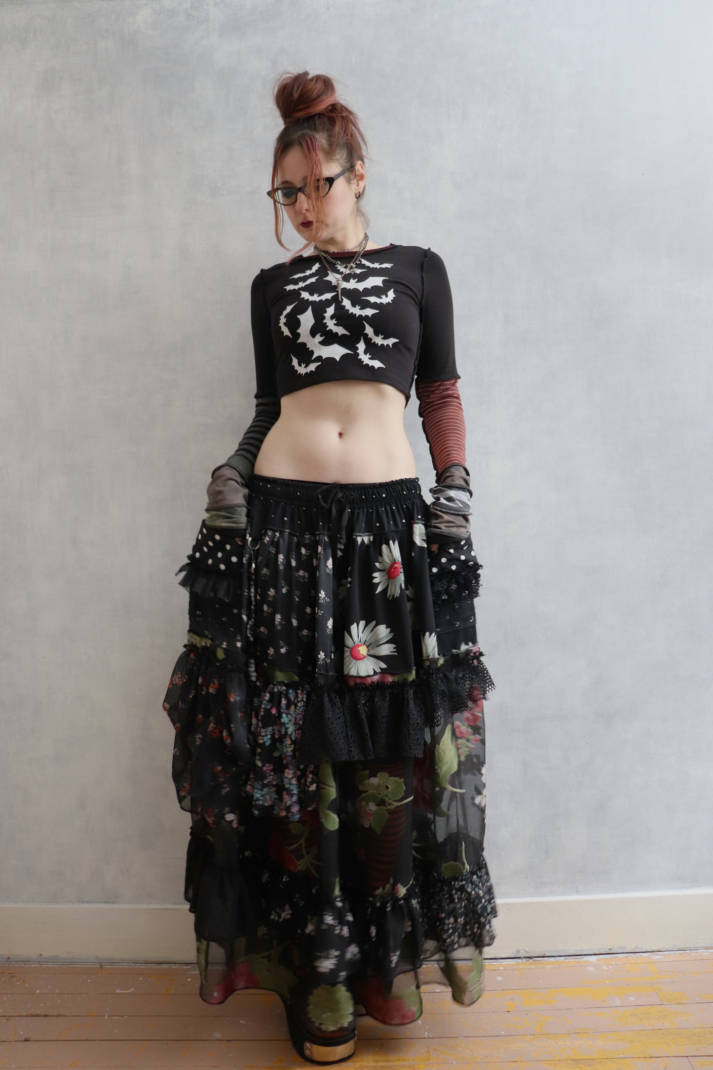 FearThatIllNeverSleepAgain (XL) Long Sleeve Patchwork Crop Top Shirt Bat Print