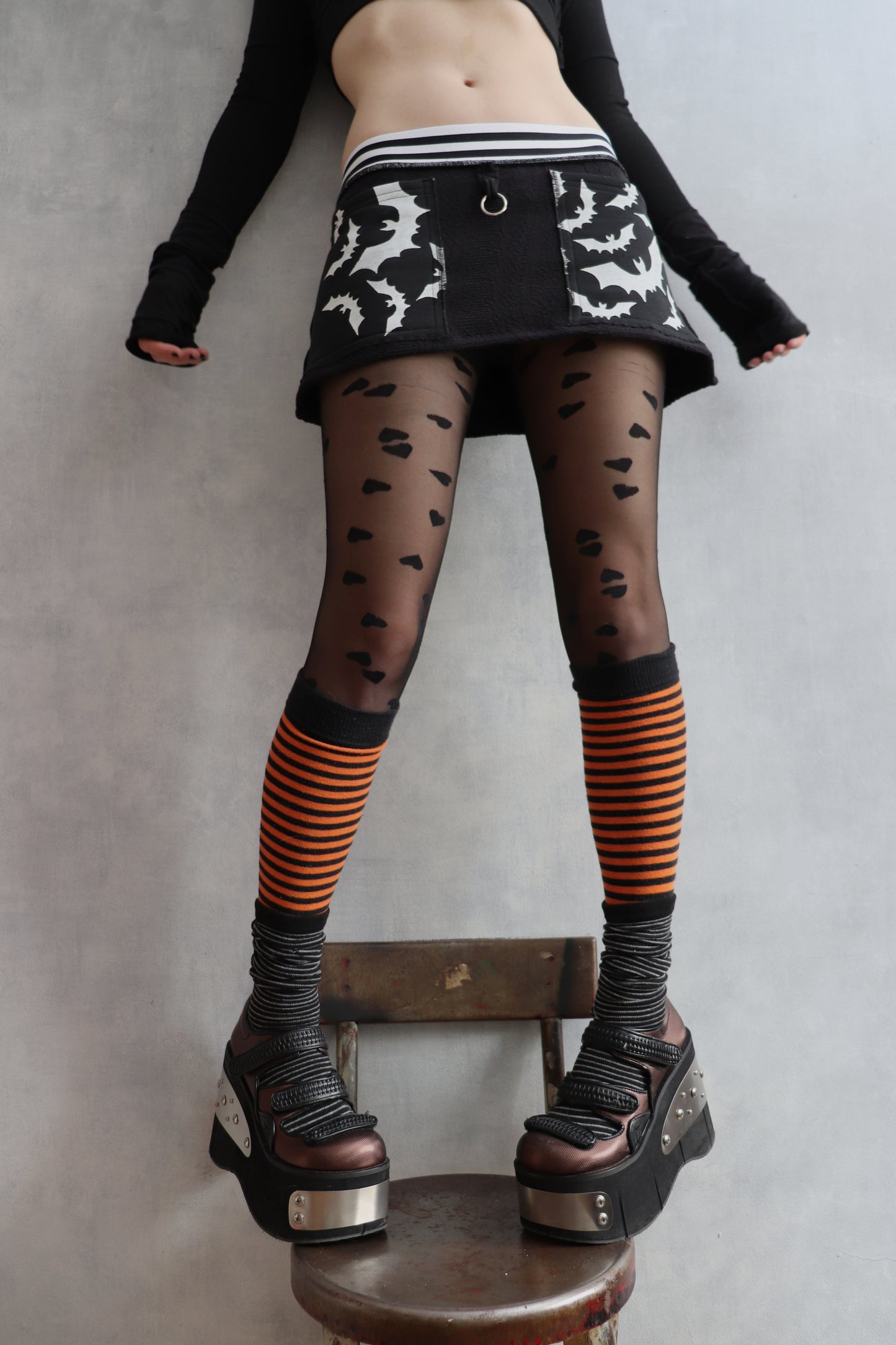 ICantStealYouNoLikeYouStoleMe (S) Cotton Knit Mini Skirt With Spooky Bats And Plaids