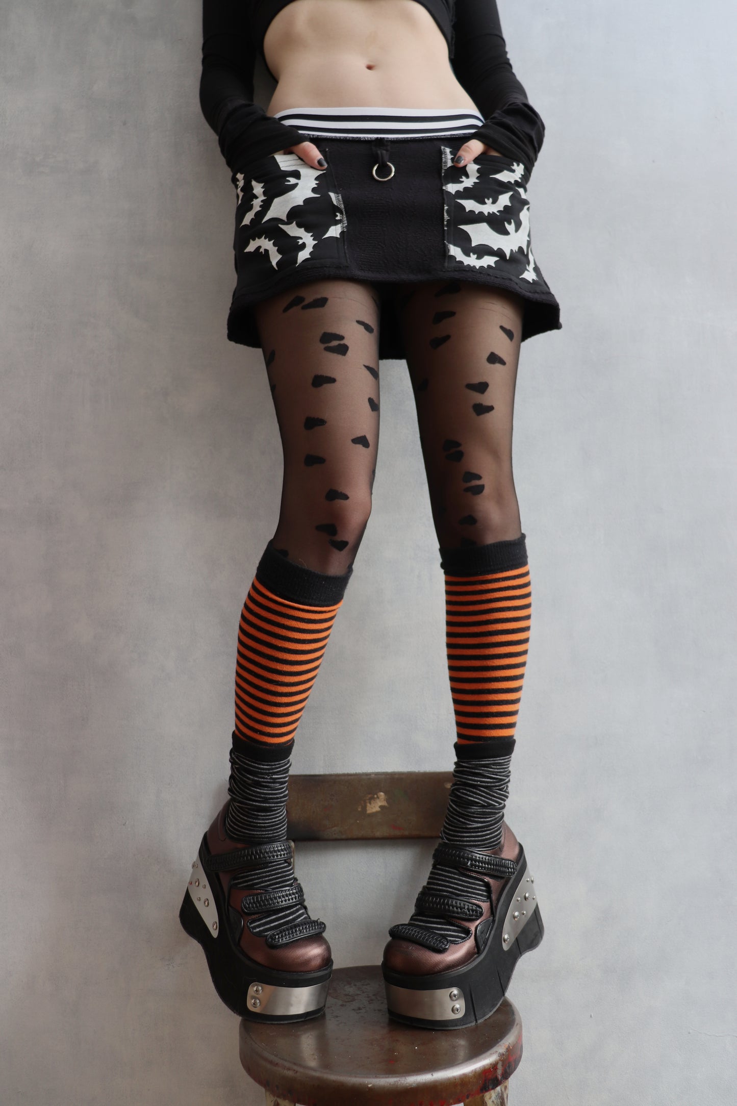 ICantStealYouNoLikeYouStoleMe (S) Cotton Knit Mini Skirt With Spooky Bats And Plaids