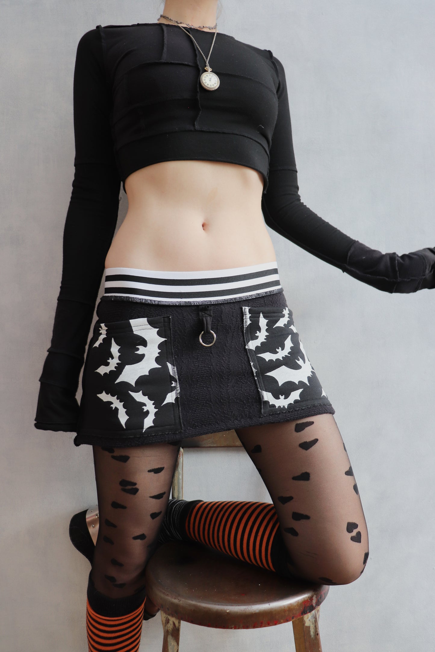 ICantStealYouNoLikeYouStoleMe (S) Cotton Knit Mini Skirt With Spooky Bats And Plaids