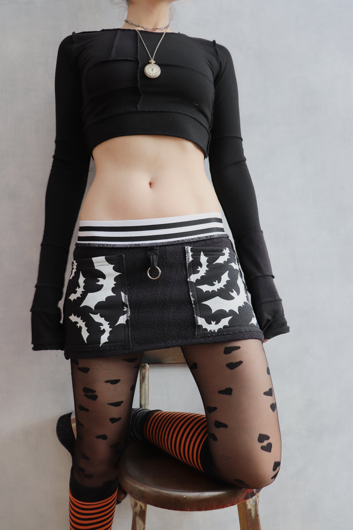 ICantStealYouNoLikeYouStoleMe (S) Cotton Knit Mini Skirt With Spooky Bats And Plaids