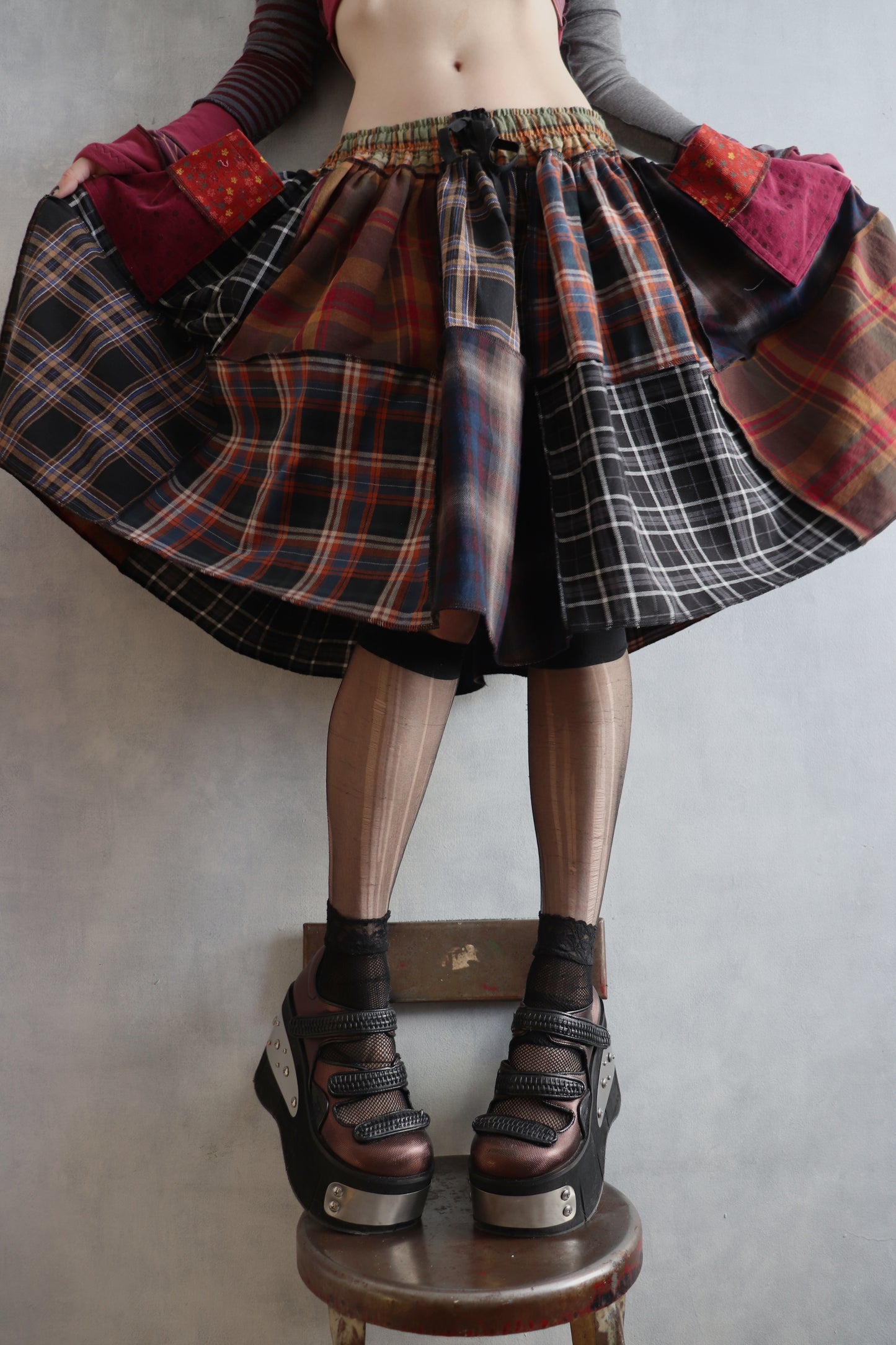 LuredUsAwayWithTreasuresAndTreats (One Size) Cotton Plaid Patch Skirt With Pockets Coraline Core