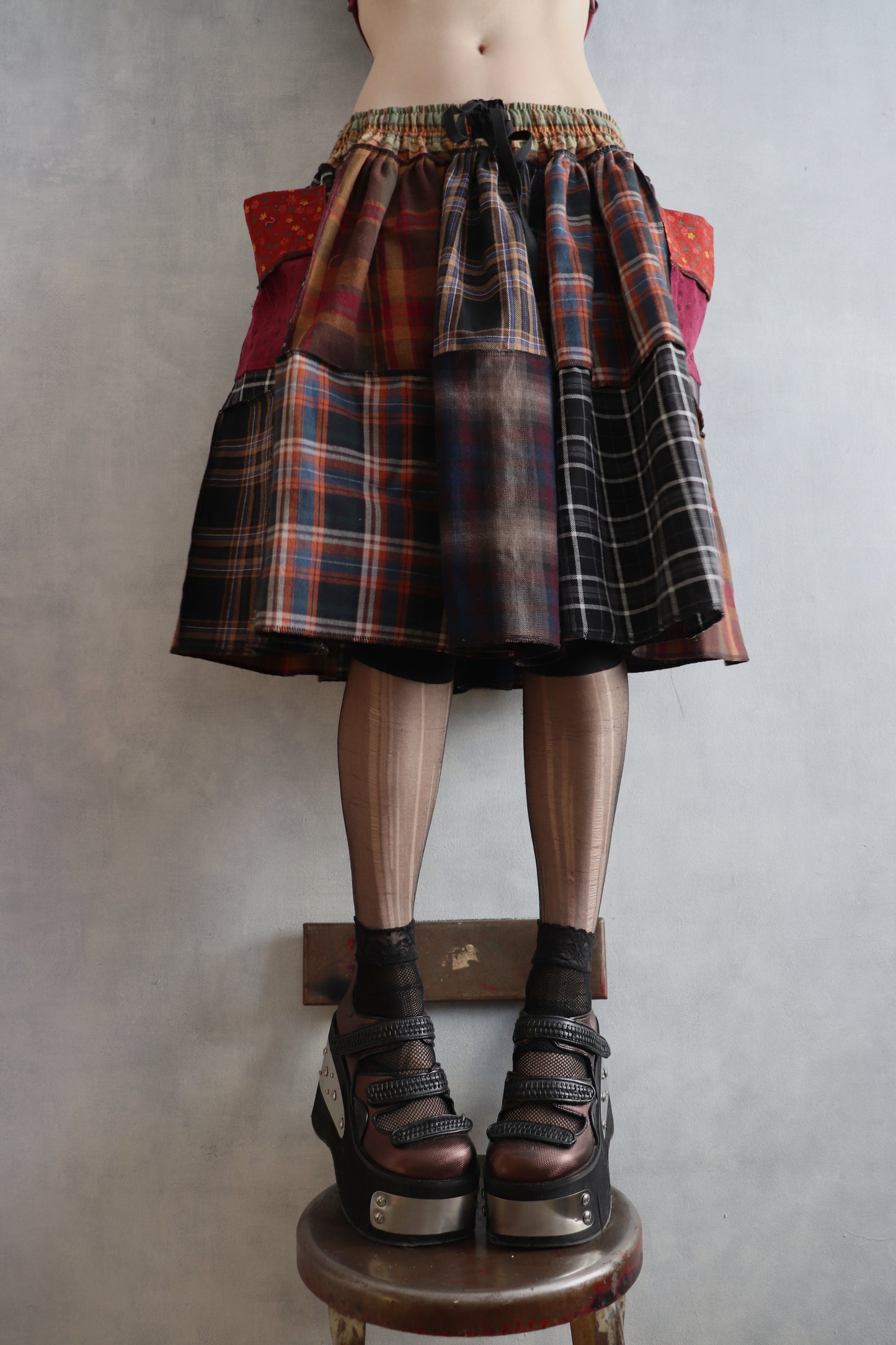 LuredUsAwayWithTreasuresAndTreats (One Size) Cotton Plaid Patch Skirt With Pockets Coraline Core