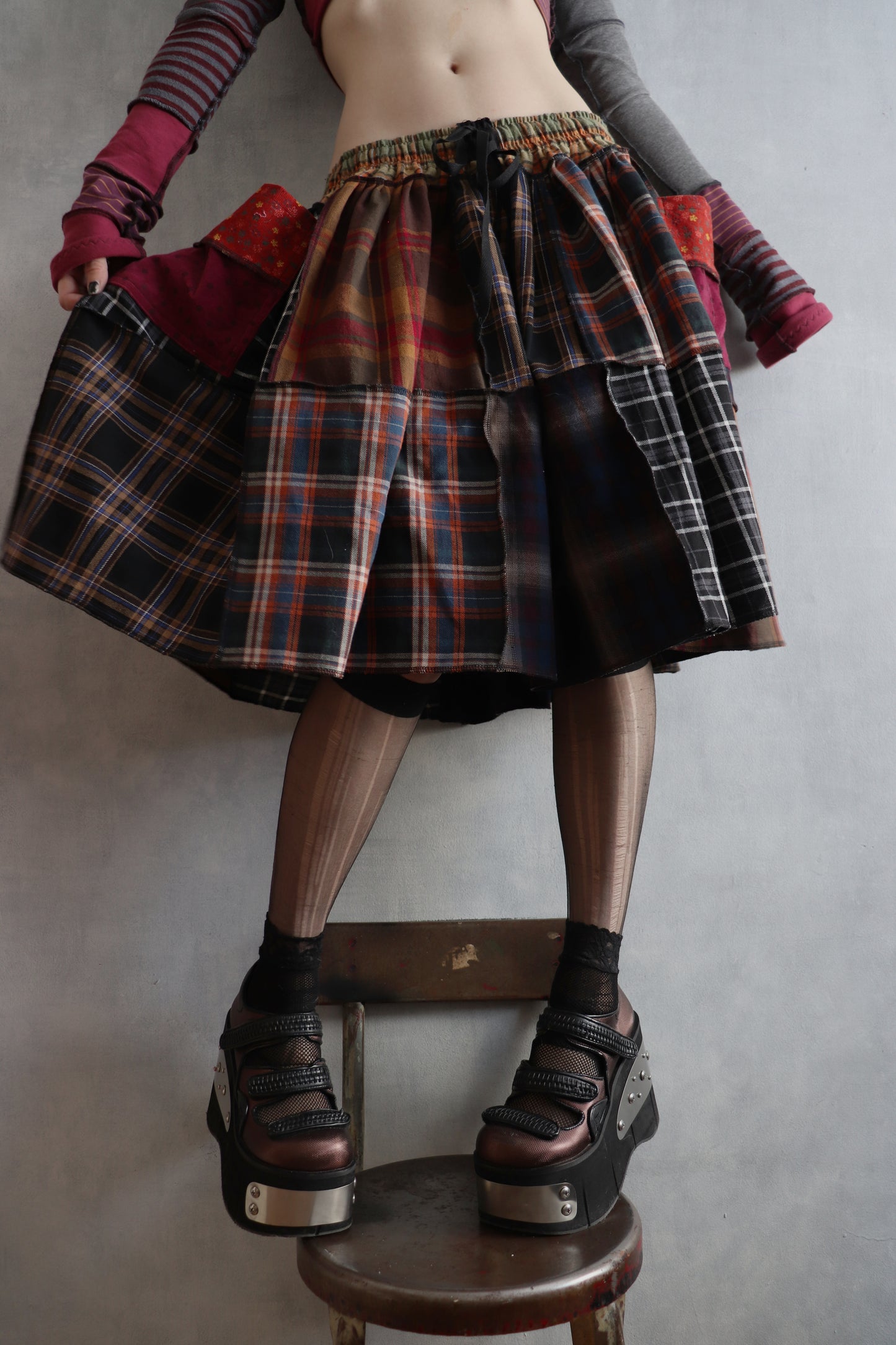 LuredUsAwayWithTreasuresAndTreats (One Size) Cotton Plaid Patch Skirt With Pockets Coraline Core