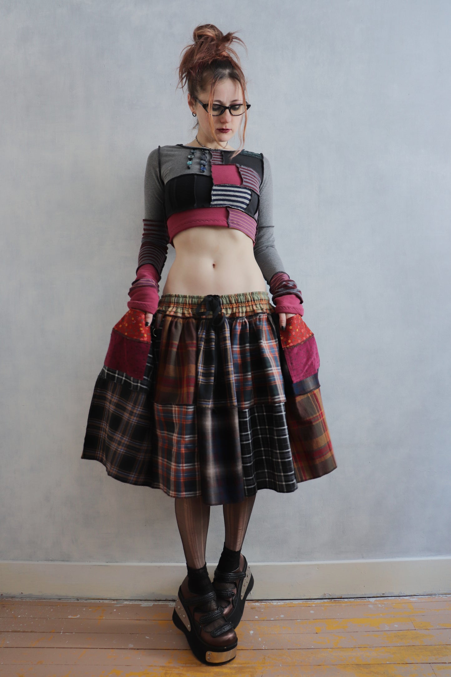 LuredUsAwayWithTreasuresAndTreats (One Size) Cotton Plaid Patch Skirt With Pockets Coraline Core