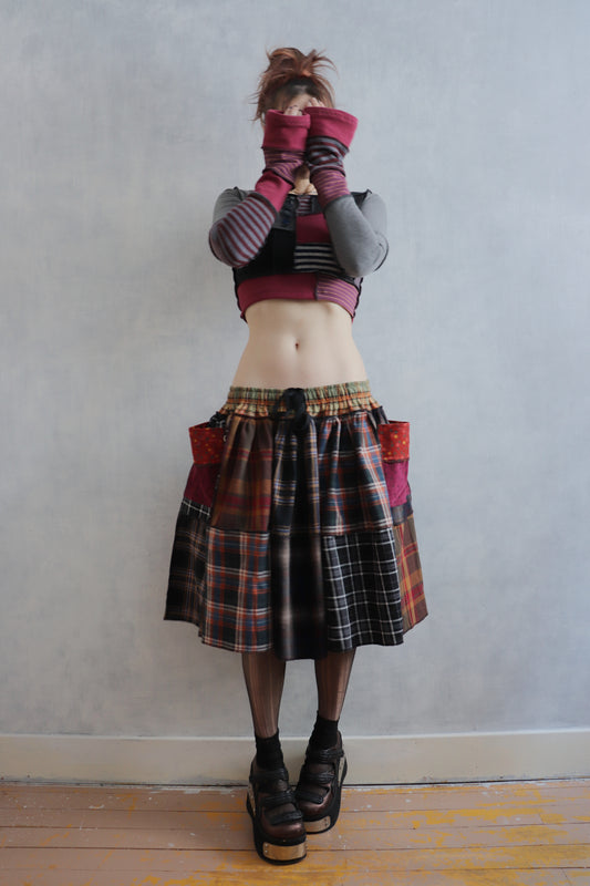 LuredUsAwayWithTreasuresAndTreats (One Size) Cotton Plaid Patch Skirt With Pockets Coraline Core