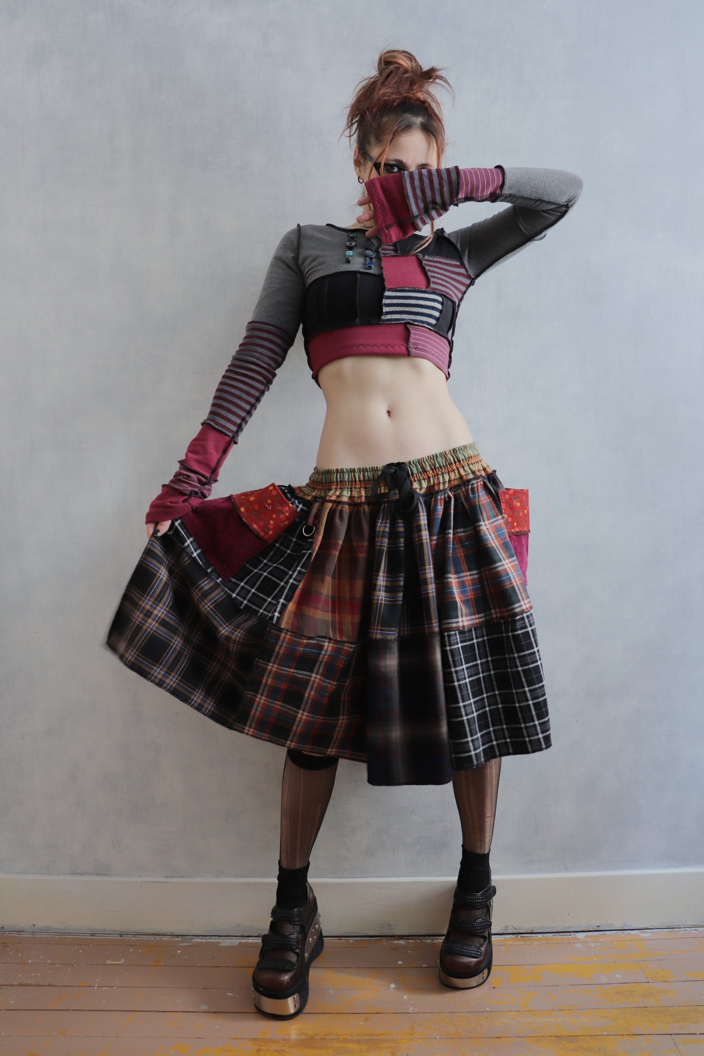 LuredUsAwayWithTreasuresAndTreats (One Size) Cotton Plaid Patch Skirt With Pockets Coraline Core