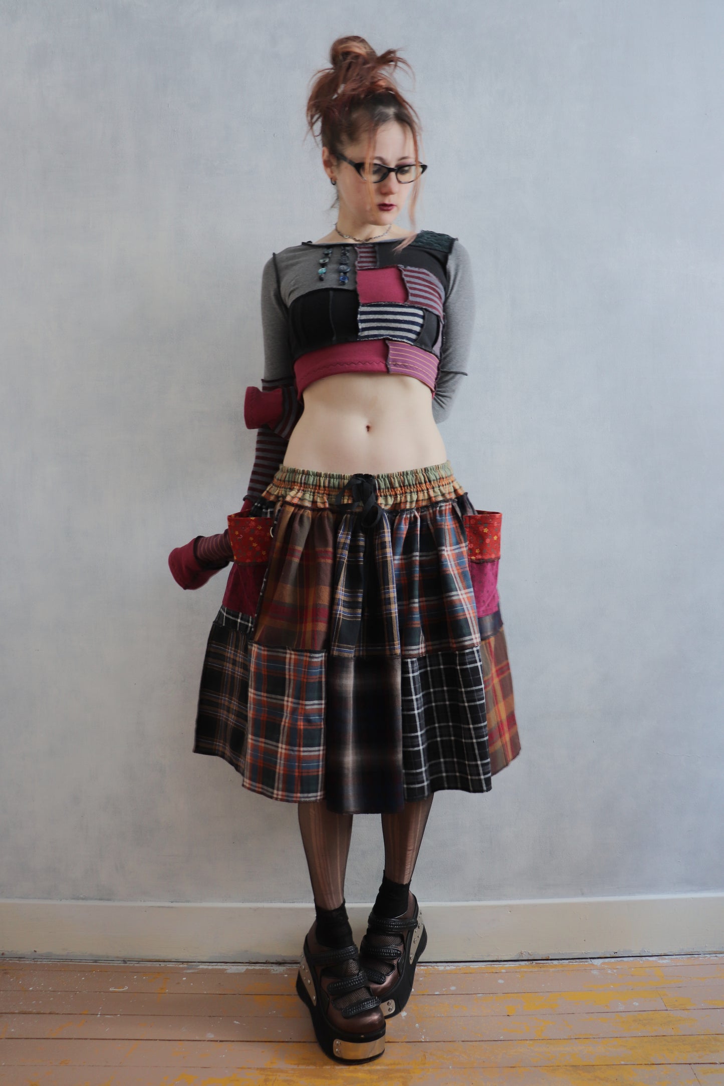 LuredUsAwayWithTreasuresAndTreats (One Size) Cotton Plaid Patch Skirt With Pockets Coraline Core