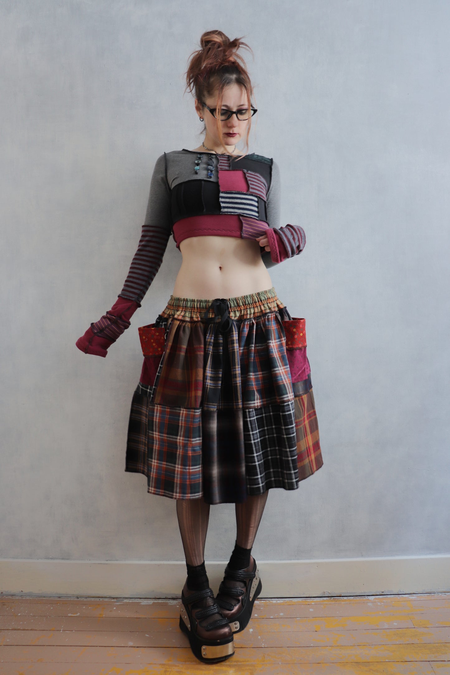 LuredUsAwayWithTreasuresAndTreats (One Size) Cotton Plaid Patch Skirt With Pockets Coraline Core