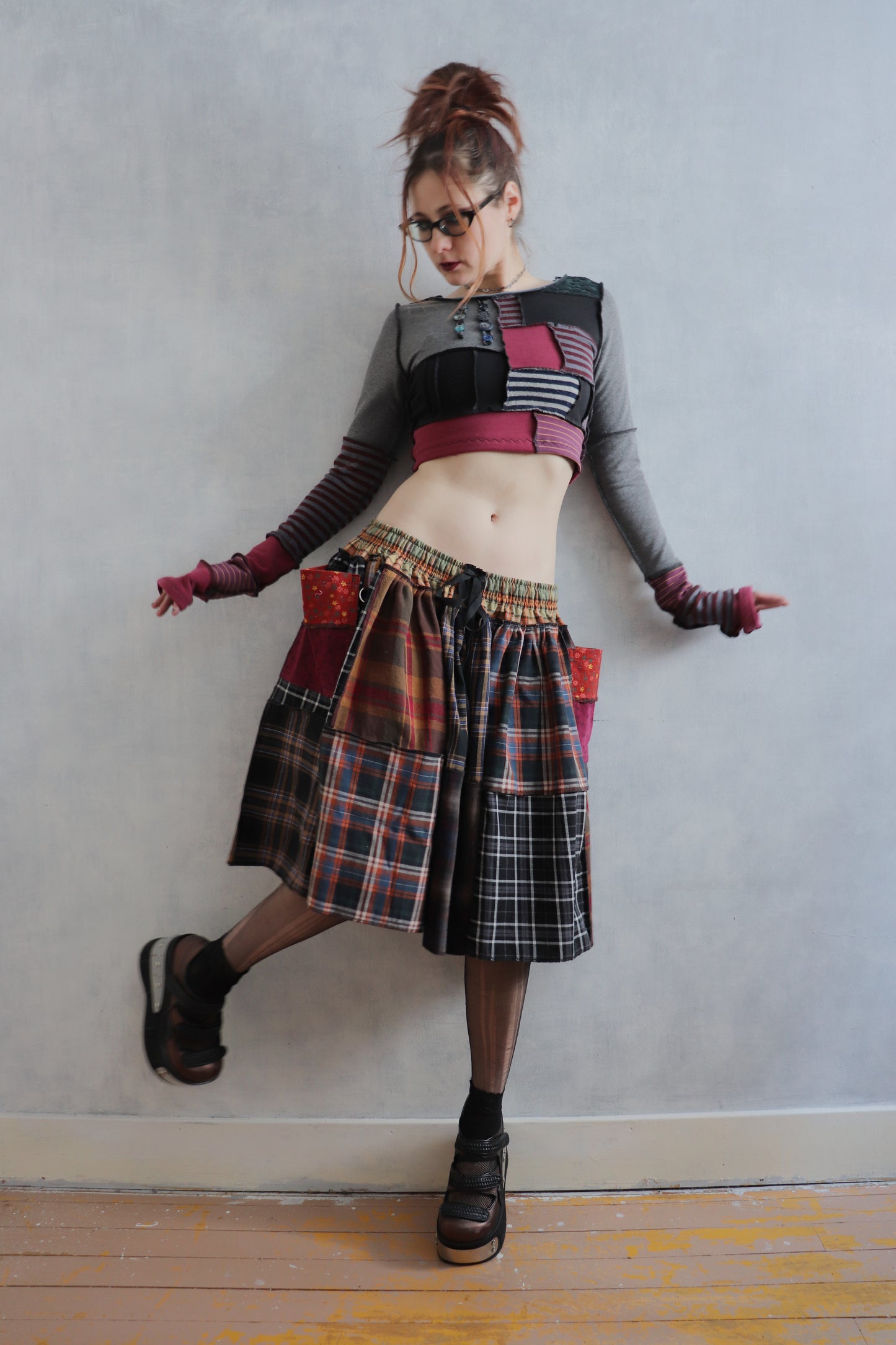 LuredUsAwayWithTreasuresAndTreats (One Size) Cotton Plaid Patch Skirt With Pockets Coraline Core