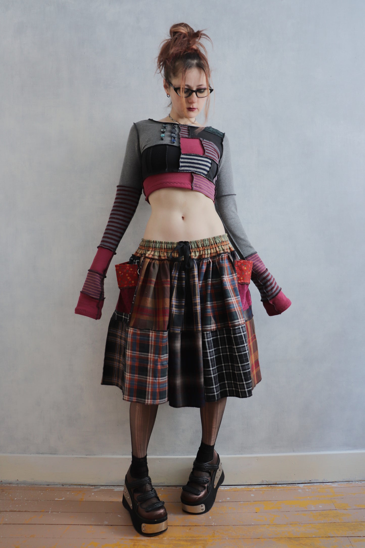 LuredUsAwayWithTreasuresAndTreats (One Size) Cotton Plaid Patch Skirt With Pockets Coraline Core