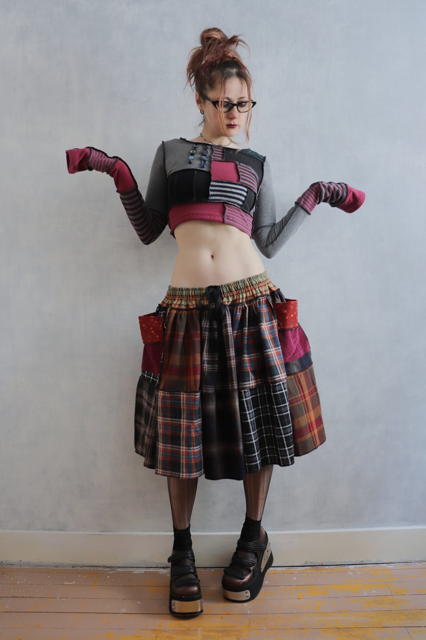 LuredUsAwayWithTreasuresAndTreats (One Size) Cotton Plaid Patch Skirt With Pockets Coraline Core