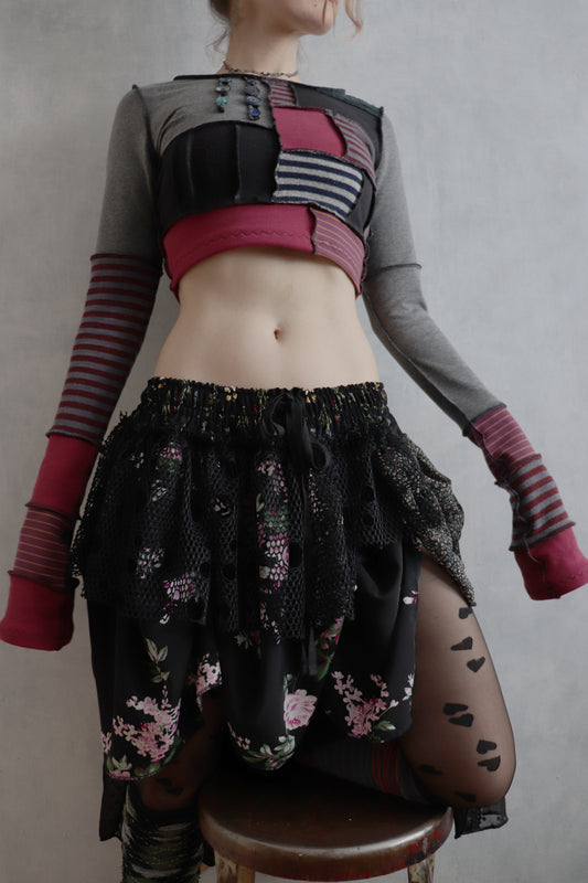 SpiedOnOurLivesThroughTheLittleDollsEyes (S) Long Sleeve Patchwork Crop Top Shirt Moody Mishmash