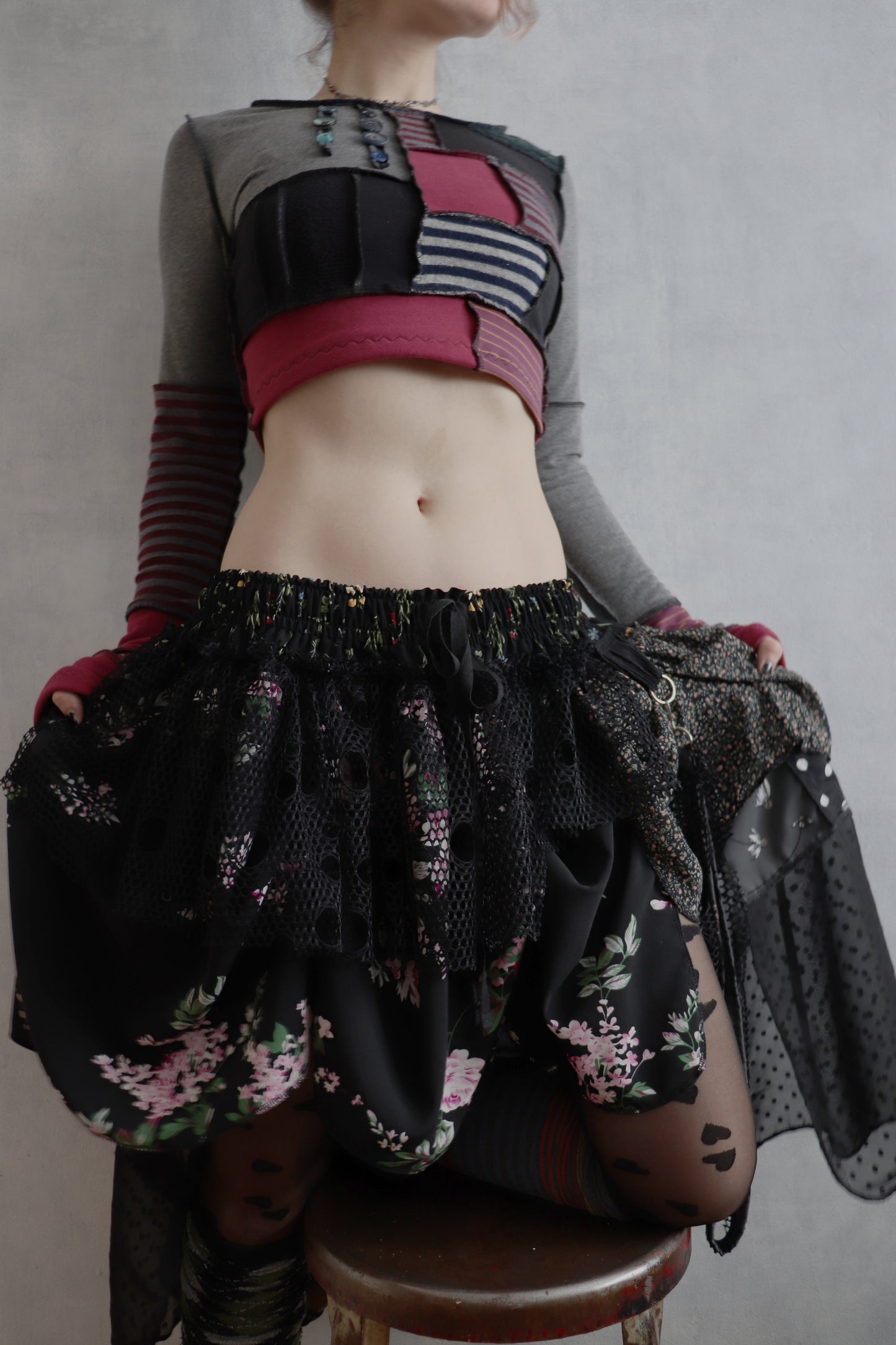 SpiedOnOurLivesThroughTheLittleDollsEyes (S) Long Sleeve Patchwork Crop Top Shirt Moody Mishmash