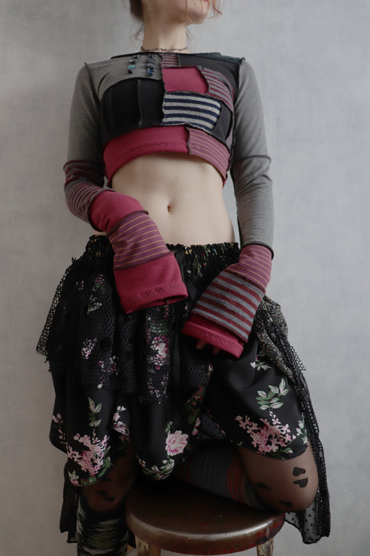 SpiedOnOurLivesThroughTheLittleDollsEyes (S) Long Sleeve Patchwork Crop Top Shirt Moody Mishmash