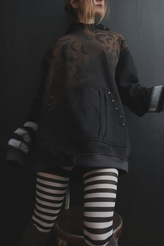 GlowinAroundSoEffortlessly (XL) Spooky Tattered Bat Print Hoodie With Stripes
