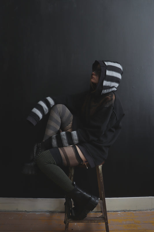 GlowinAroundSoEffortlessly (XL) Spooky Tattered Bat Print Hoodie With Stripes