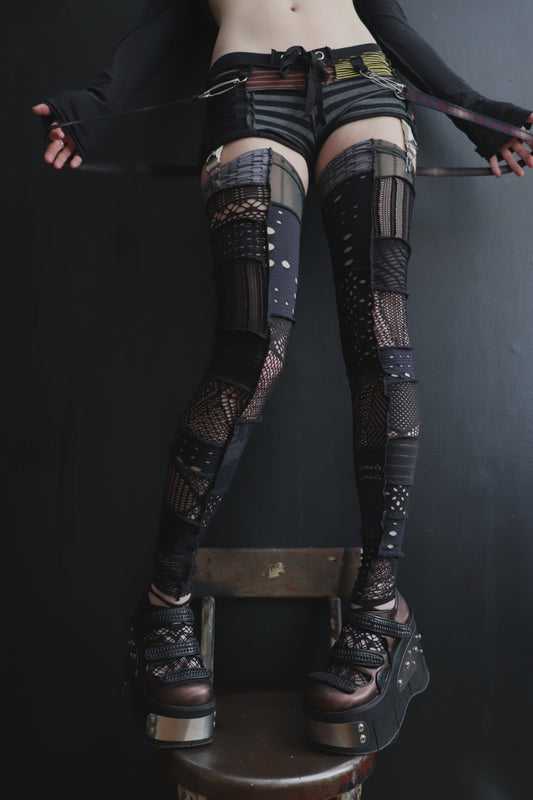 AndImTrippingInICantGetOut (S) Cotton Knit Patchwork Tattered Micro Shorts Mishmash Mix