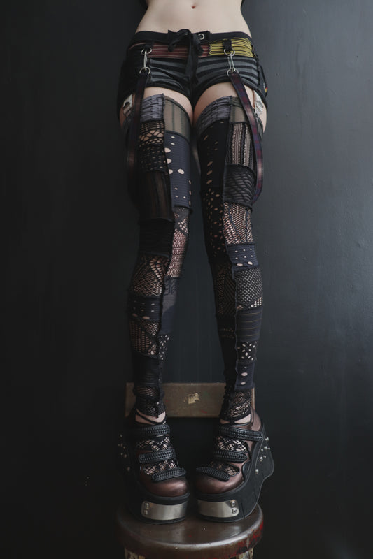 AndImTrippingInICantGetOut (S) Cotton Knit Patchwork Tattered Micro Shorts Mishmash Mix