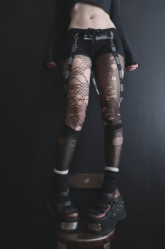 ImSlippingInAndYoureTrippingOut (S) Cotton Knit Patchwork Tattered Micro Shorts Black And Whites