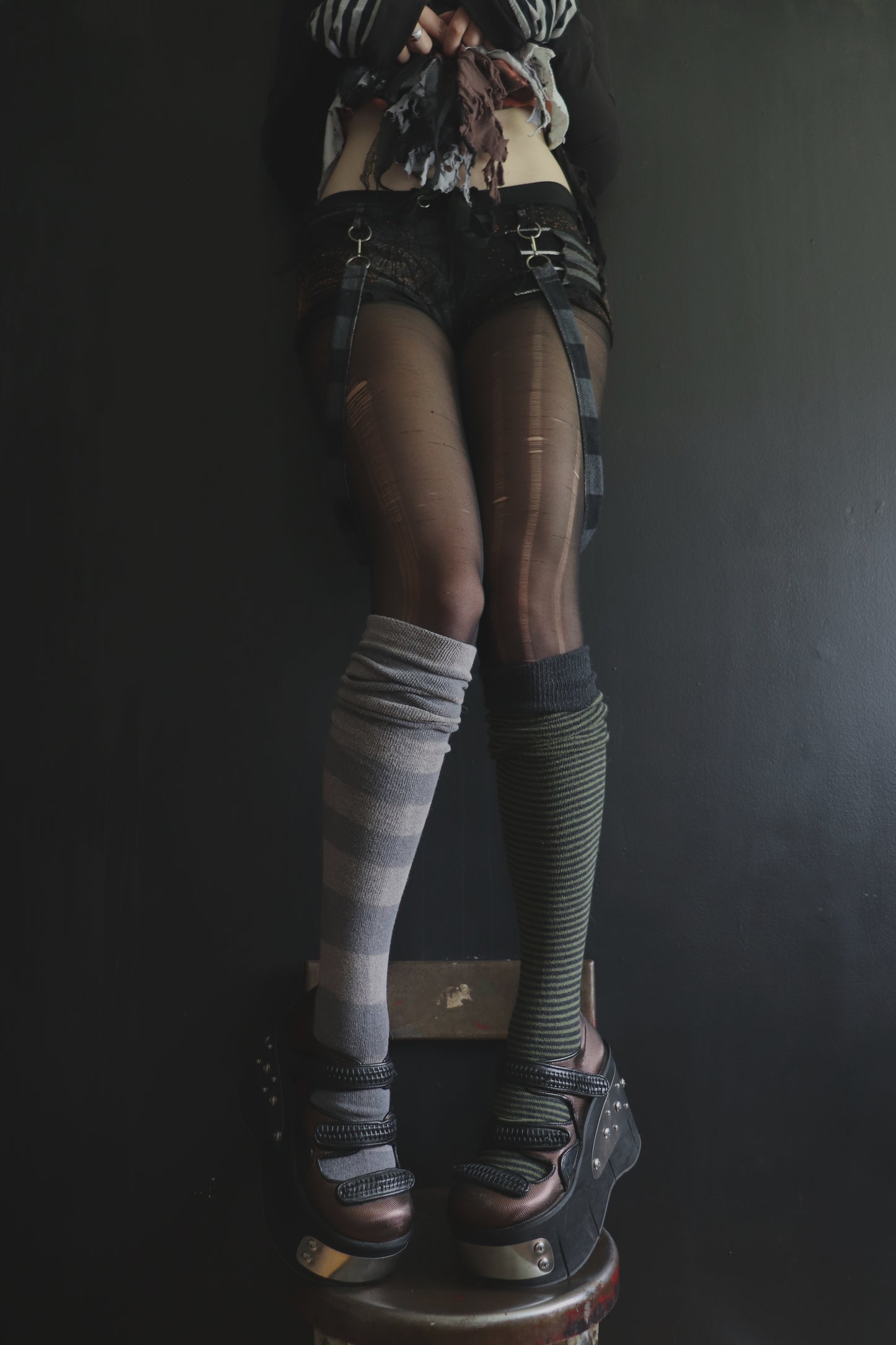 SomethingSoStrong (S) Cotton Knit Patchwork Tattered Micro Shorts