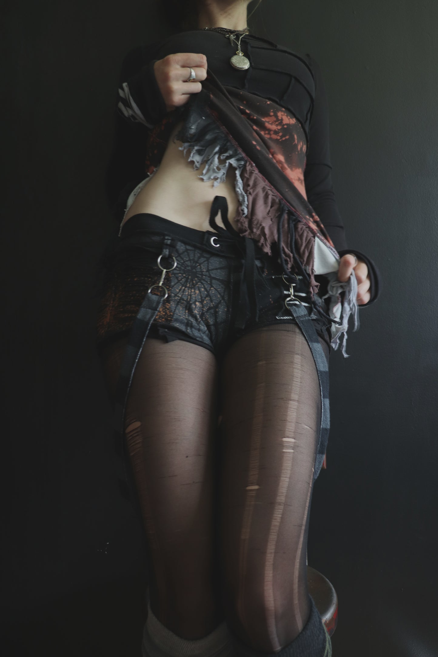 SomethingSoStrong (S) Cotton Knit Patchwork Tattered Micro Shorts