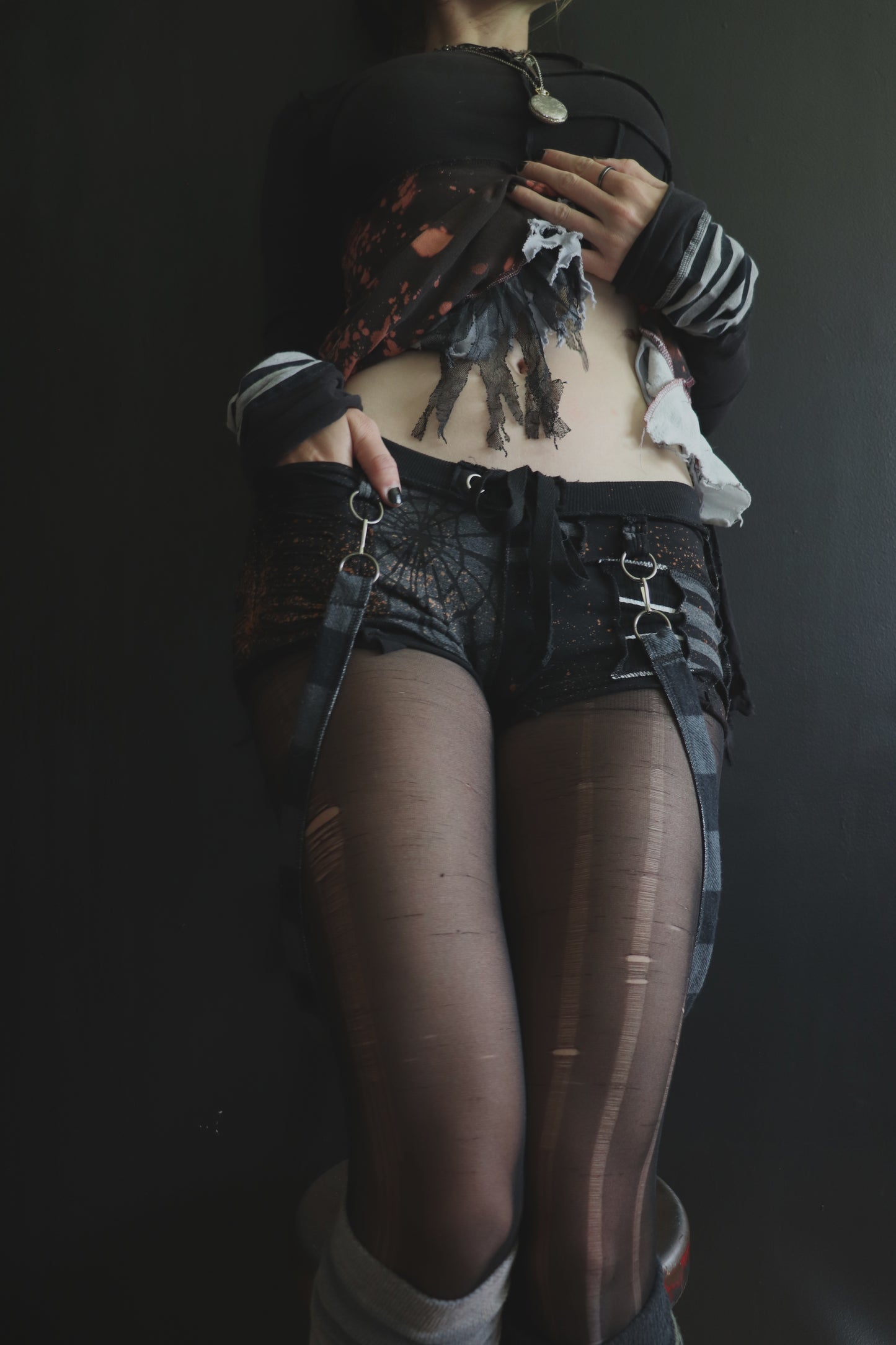 SomethingSoStrong (S) Cotton Knit Patchwork Tattered Micro Shorts