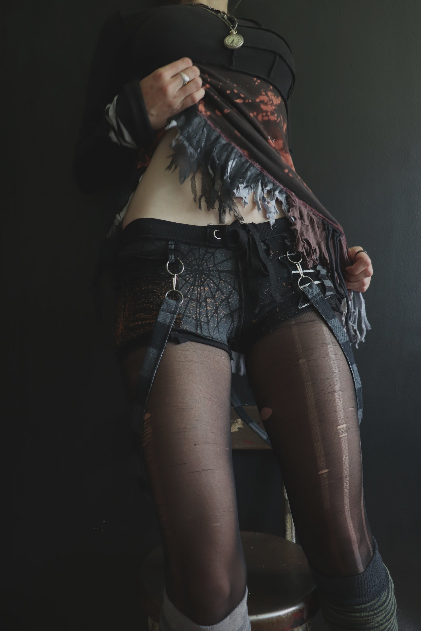 SomethingSoStrong (S) Cotton Knit Patchwork Tattered Micro Shorts