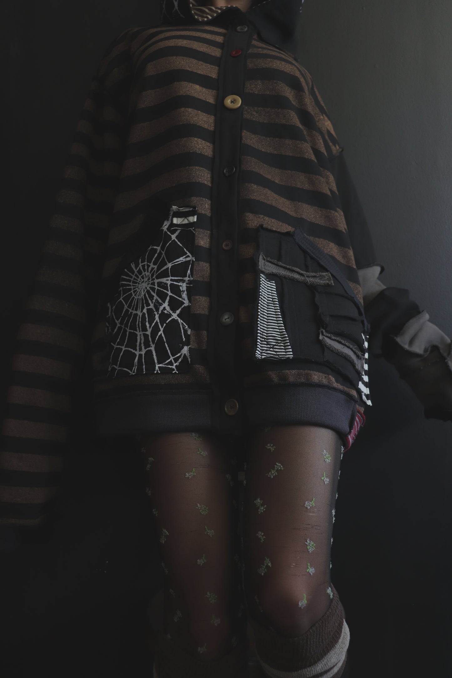 NeverThinkAboutYouAtAll (One Size) Patchwork Button Up Hoodie Stripes And Webs