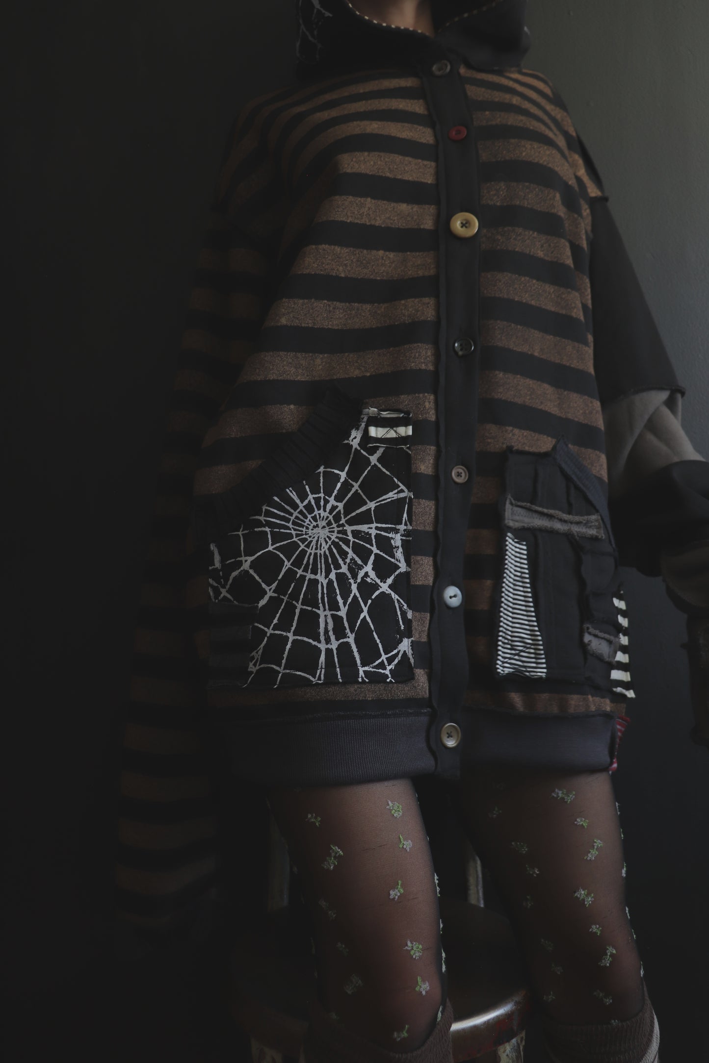 NeverThinkAboutYouAtAll (One Size) Patchwork Button Up Hoodie Stripes And Webs
