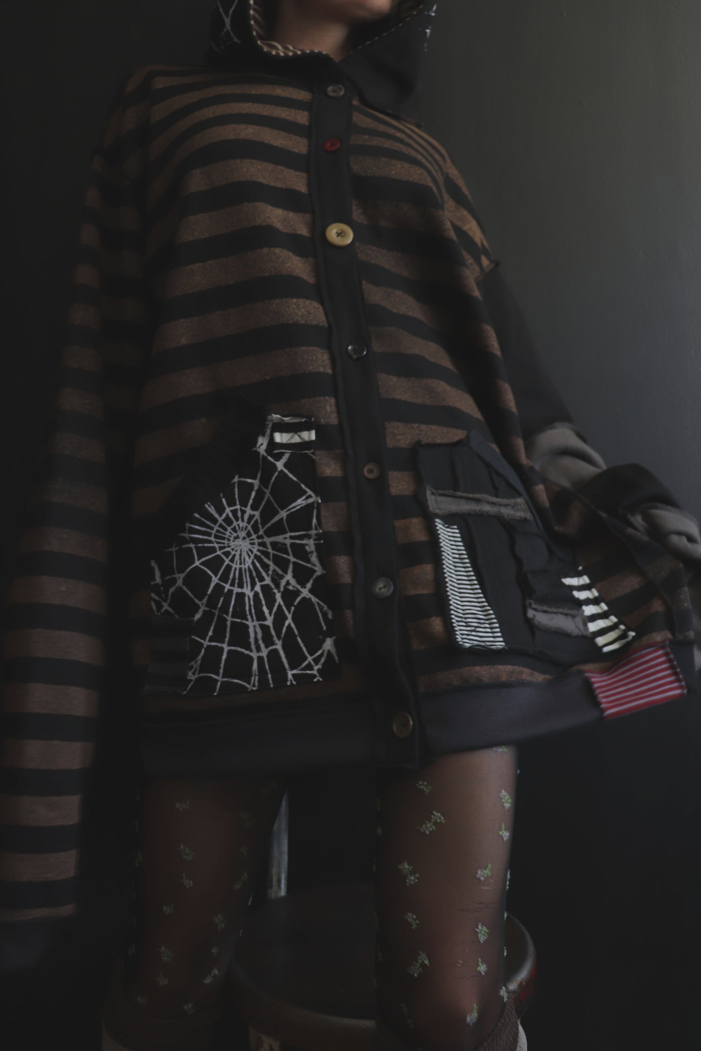 NeverThinkAboutYouAtAll (One Size) Patchwork Button Up Hoodie Stripes And Webs