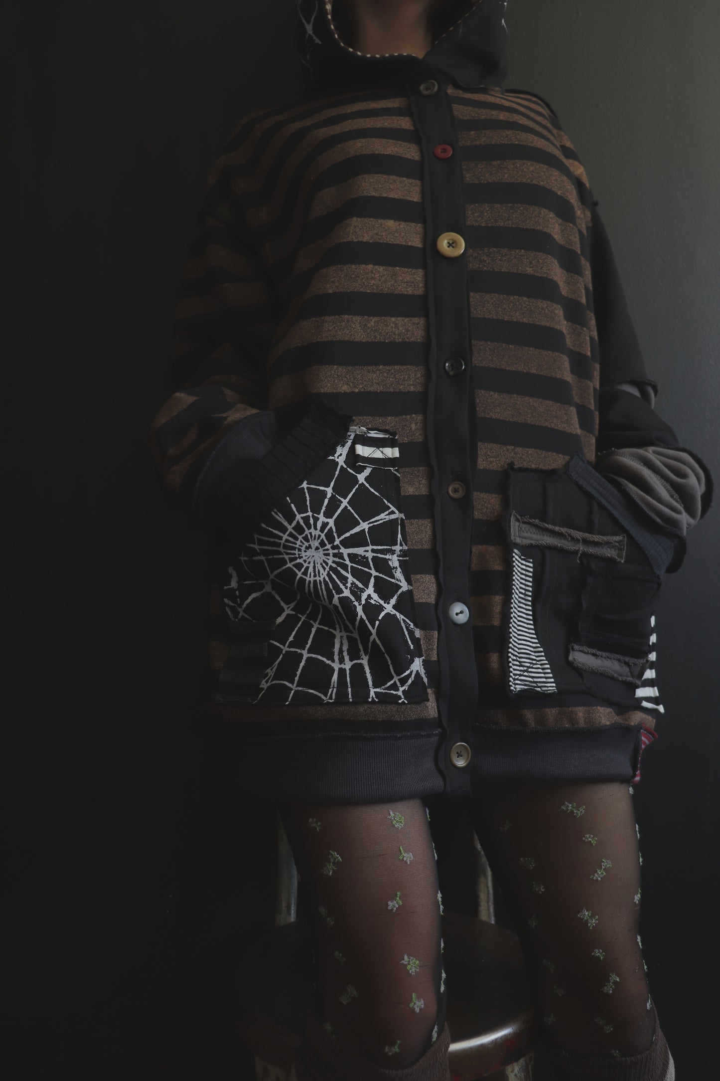 NeverThinkAboutYouAtAll (One Size) Patchwork Button Up Hoodie Stripes And Webs