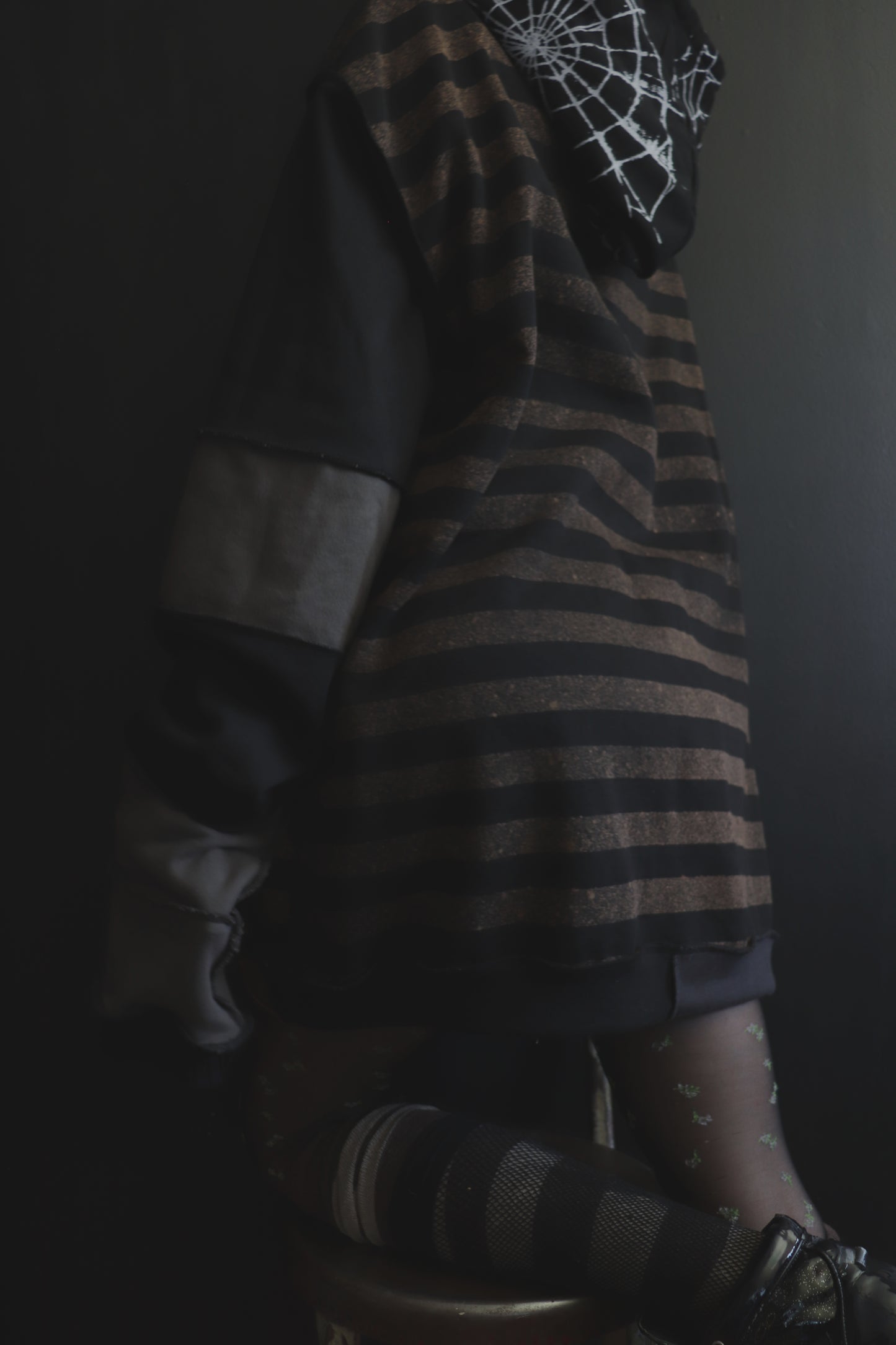 NeverThinkAboutYouAtAll (One Size) Patchwork Button Up Hoodie Stripes And Webs