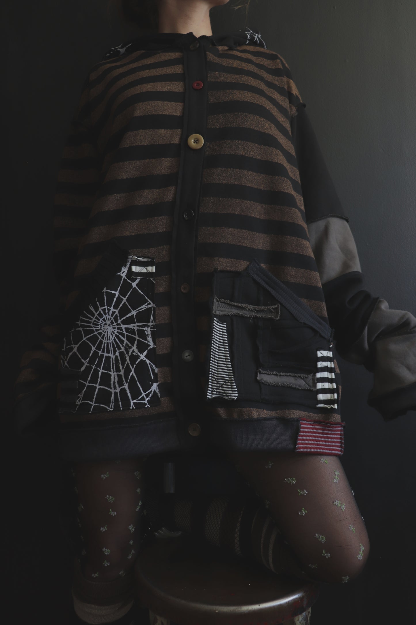NeverThinkAboutYouAtAll (One Size) Patchwork Button Up Hoodie Stripes And Webs