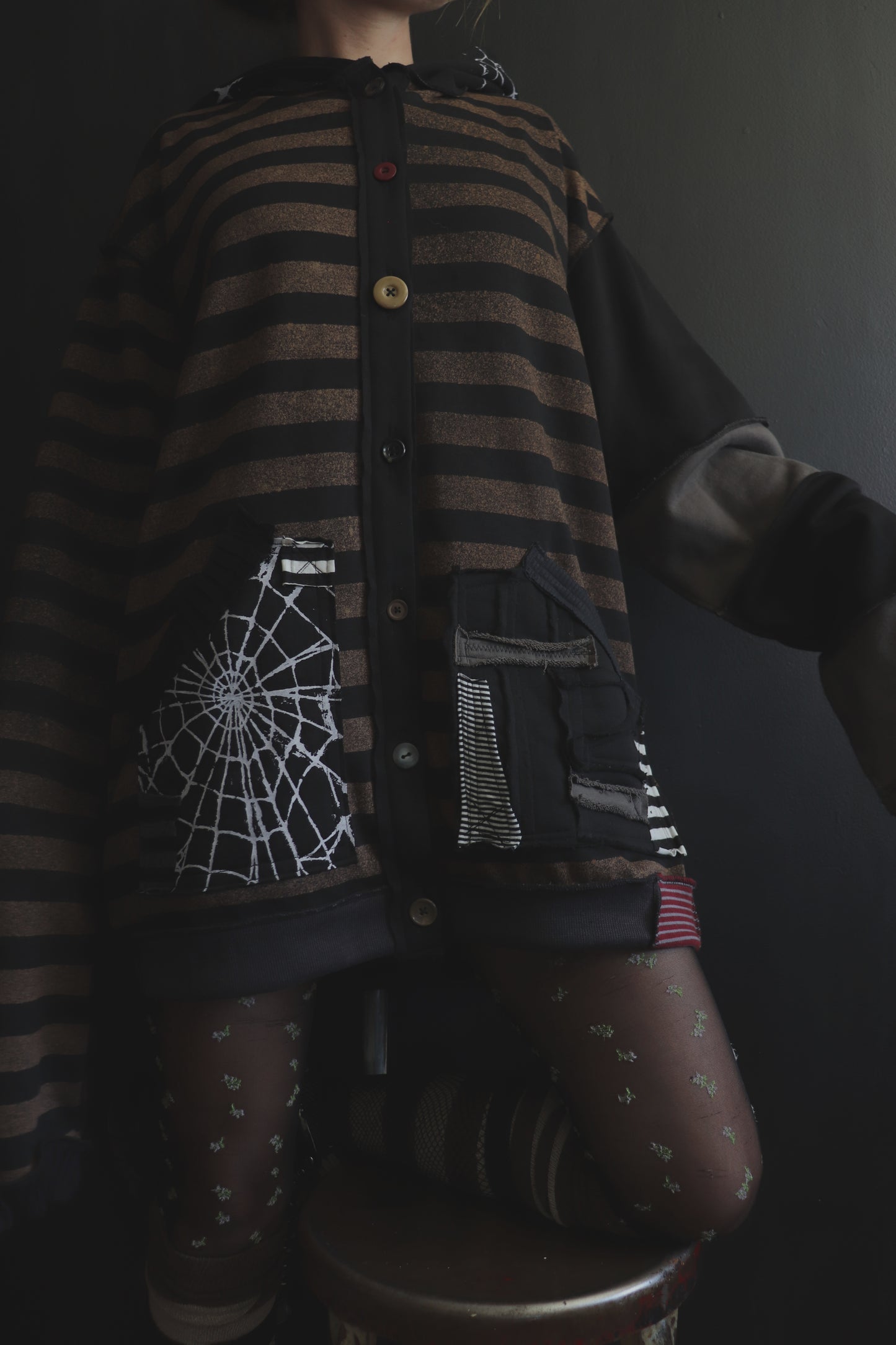 NeverThinkAboutYouAtAll (One Size) Patchwork Button Up Hoodie Stripes And Webs