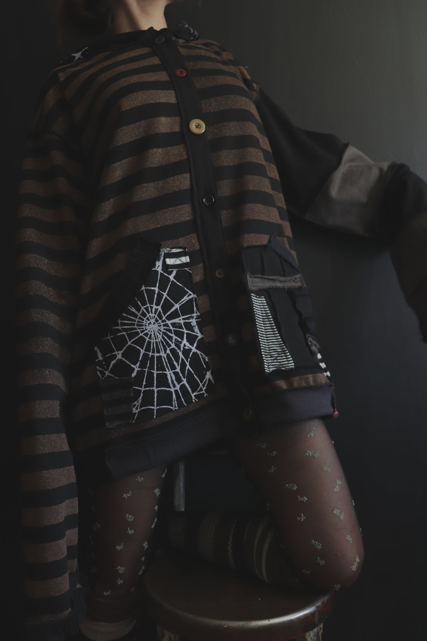 NeverThinkAboutYouAtAll (One Size) Patchwork Button Up Hoodie Stripes And Webs