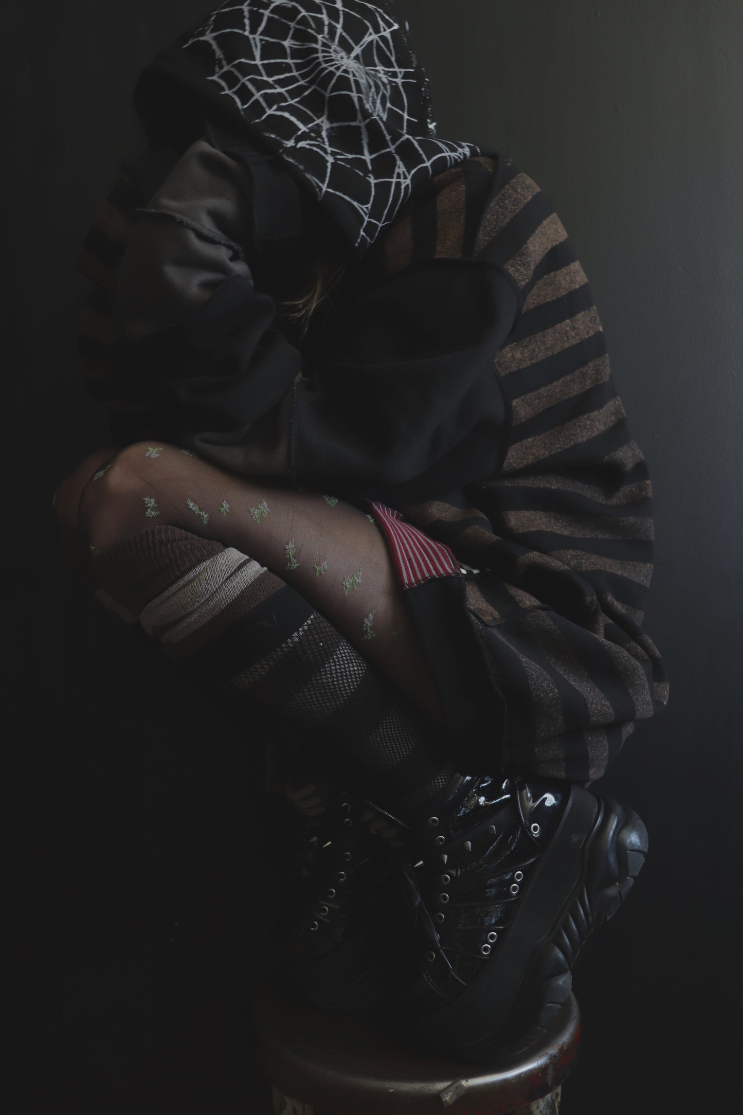 NeverThinkAboutYouAtAll (One Size) Patchwork Button Up Hoodie Stripes And Webs