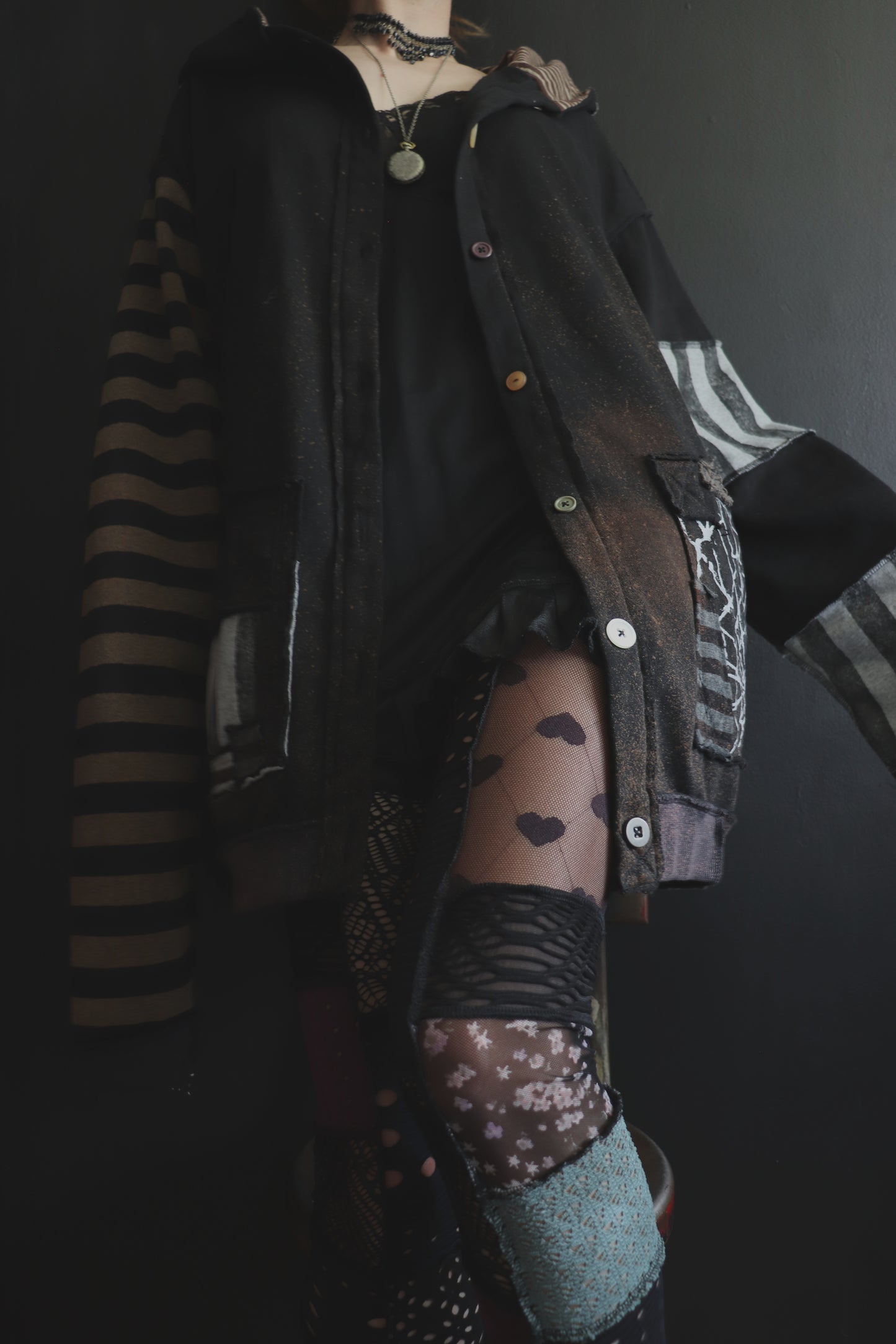 DidYouKnowImPrettyFunnyIfITry? (One Size) Patchwork Button Up Hoodie Mixed Up Stripes And Webs