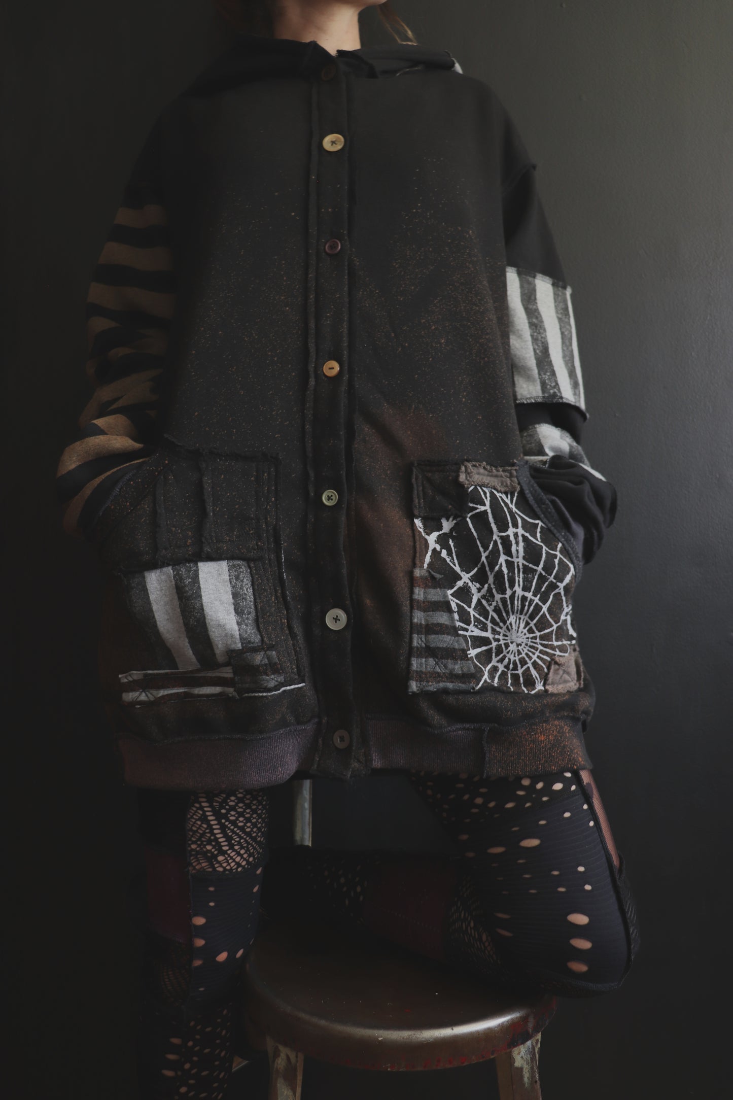 DidYouKnowImPrettyFunnyIfITry? (One Size) Patchwork Button Up Hoodie Mixed Up Stripes And Webs