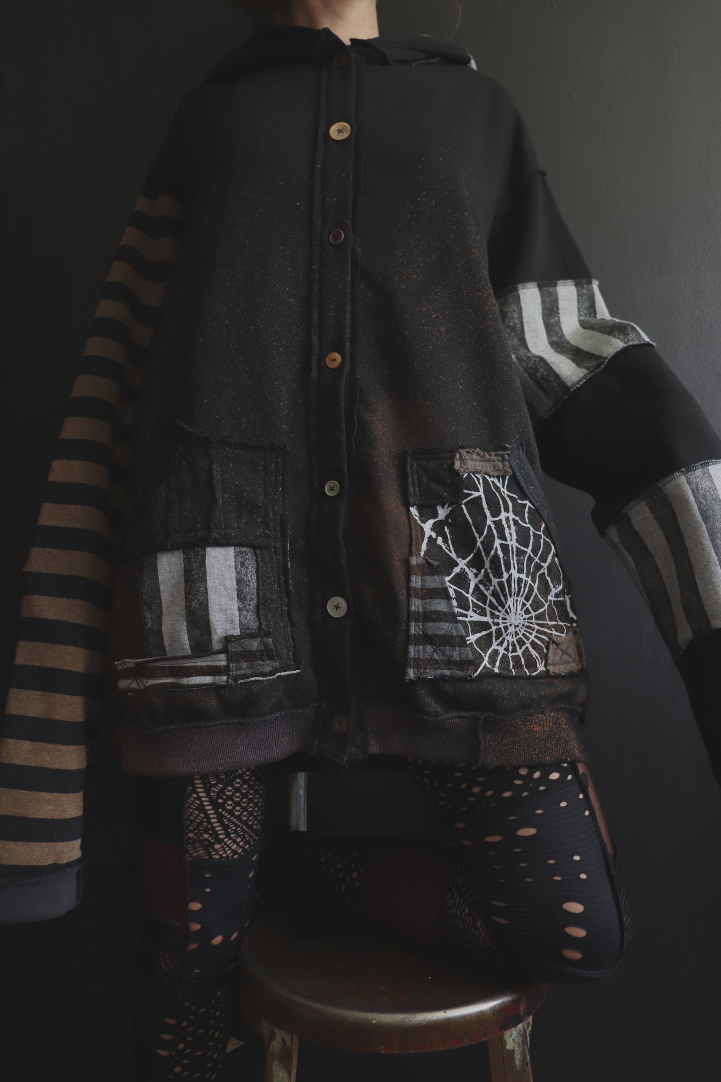 DidYouKnowImPrettyFunnyIfITry? (One Size) Patchwork Button Up Hoodie Mixed Up Stripes And Webs
