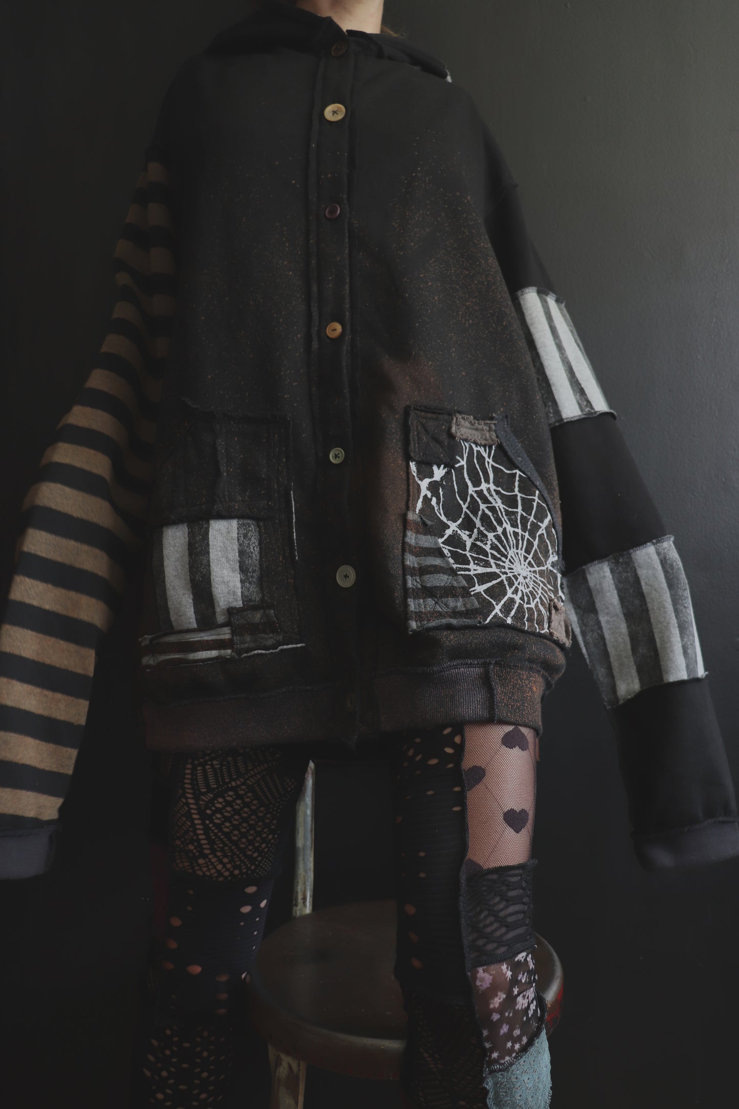 DidYouKnowImPrettyFunnyIfITry? (One Size) Patchwork Button Up Hoodie Mixed Up Stripes And Webs