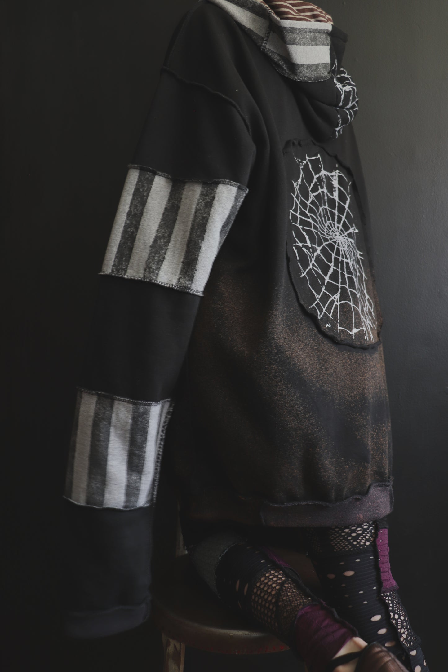DidYouKnowImPrettyFunnyIfITry? (One Size) Patchwork Button Up Hoodie Mixed Up Stripes And Webs