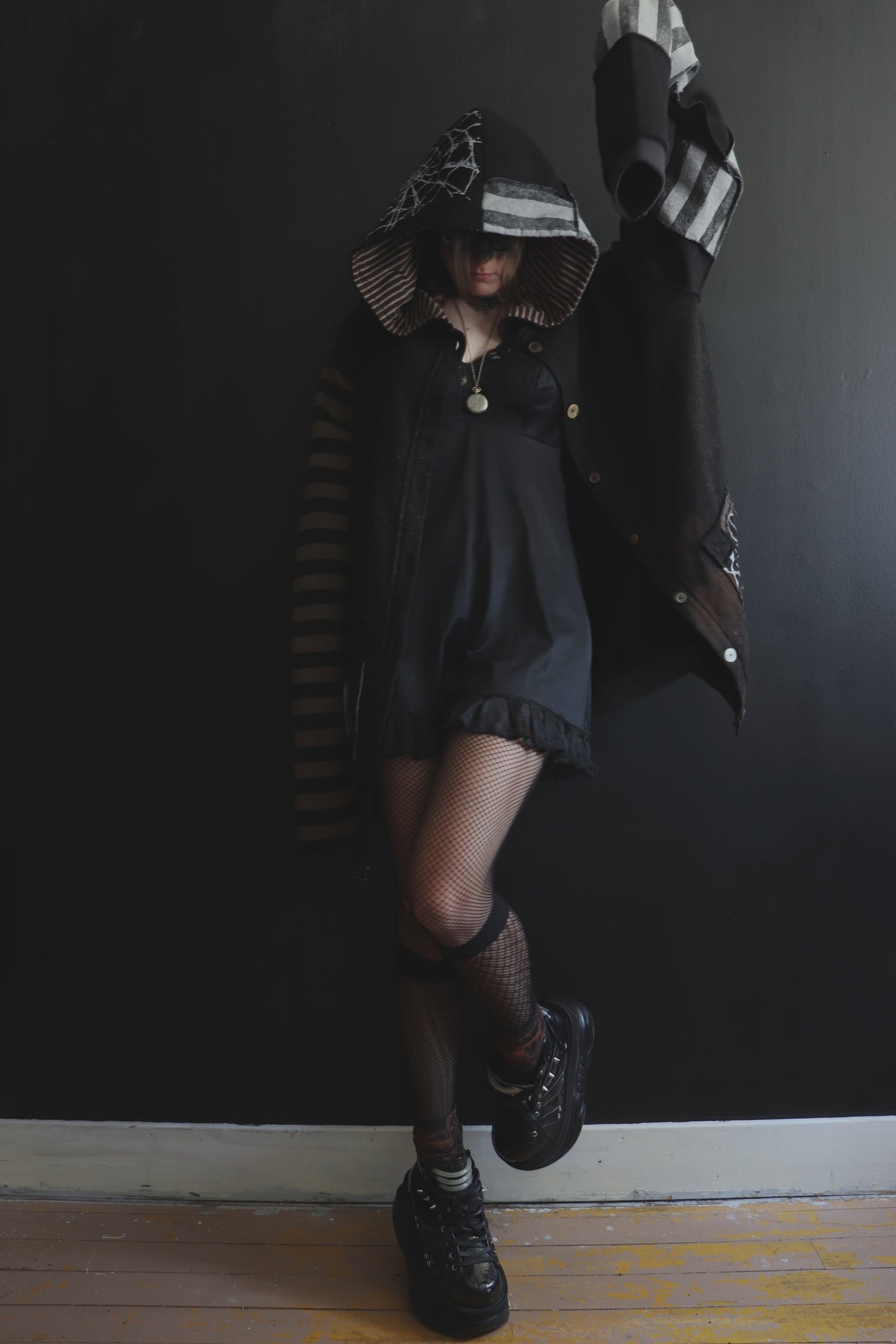 DidYouKnowImPrettyFunnyIfITry? (One Size) Patchwork Button Up Hoodie Mixed Up Stripes And Webs