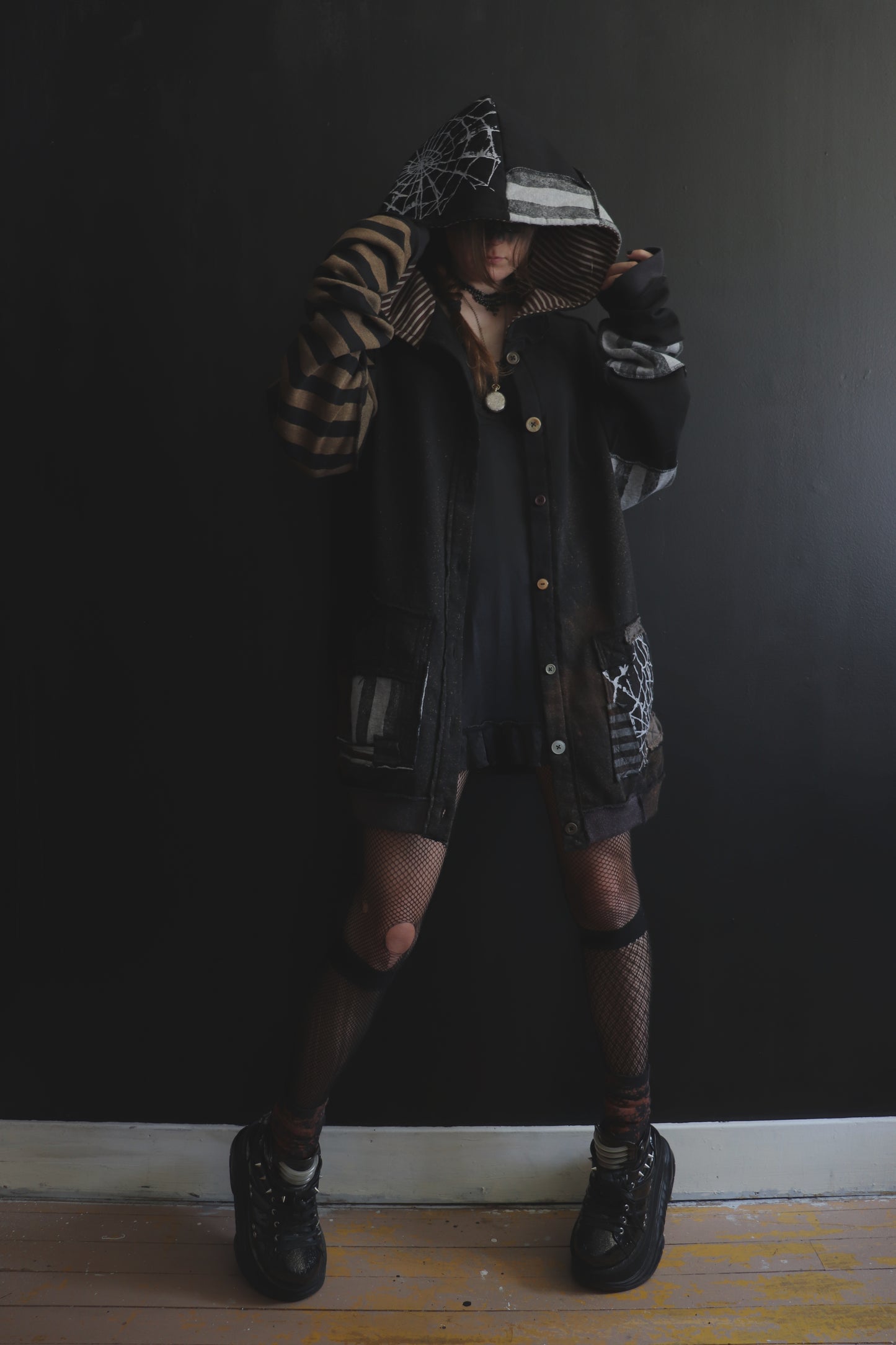 DidYouKnowImPrettyFunnyIfITry? (One Size) Patchwork Button Up Hoodie Mixed Up Stripes And Webs